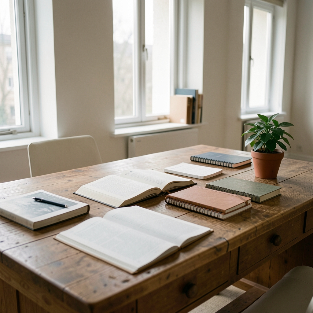 An editorial workspace with a large wooden desk, open research journals, neatly arranged notebooks and a small potted plant in soft daylight, suggesting a thoughtful and organised editorial environment