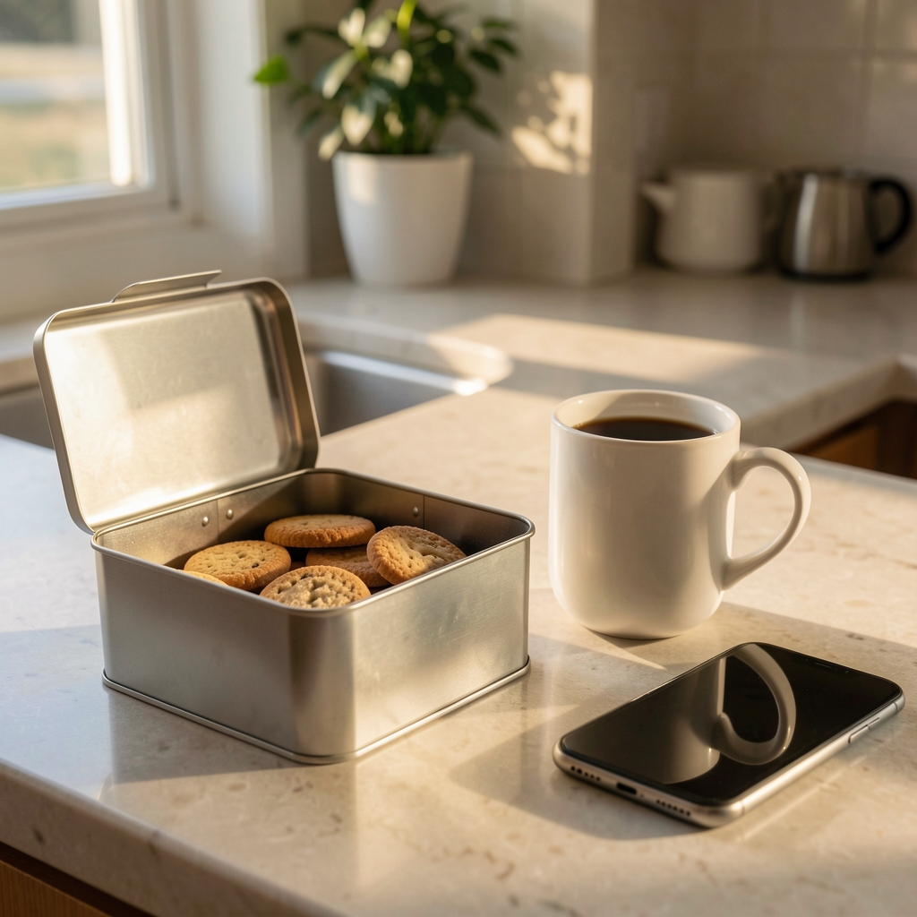 A close-up of a kitchen counter in late afternoon light showing an open biscuit tin, a coffee mug and a smartphone, suggesting habitual afternoon snacking environment in a domestic setting