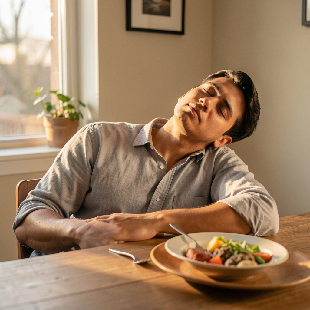 A person at a wooden desk in late afternoon light, leaning back with eyes closed and an untouched meal nearby, capturing the sensation of deep afternoon fatigue and reduced appetite engagement