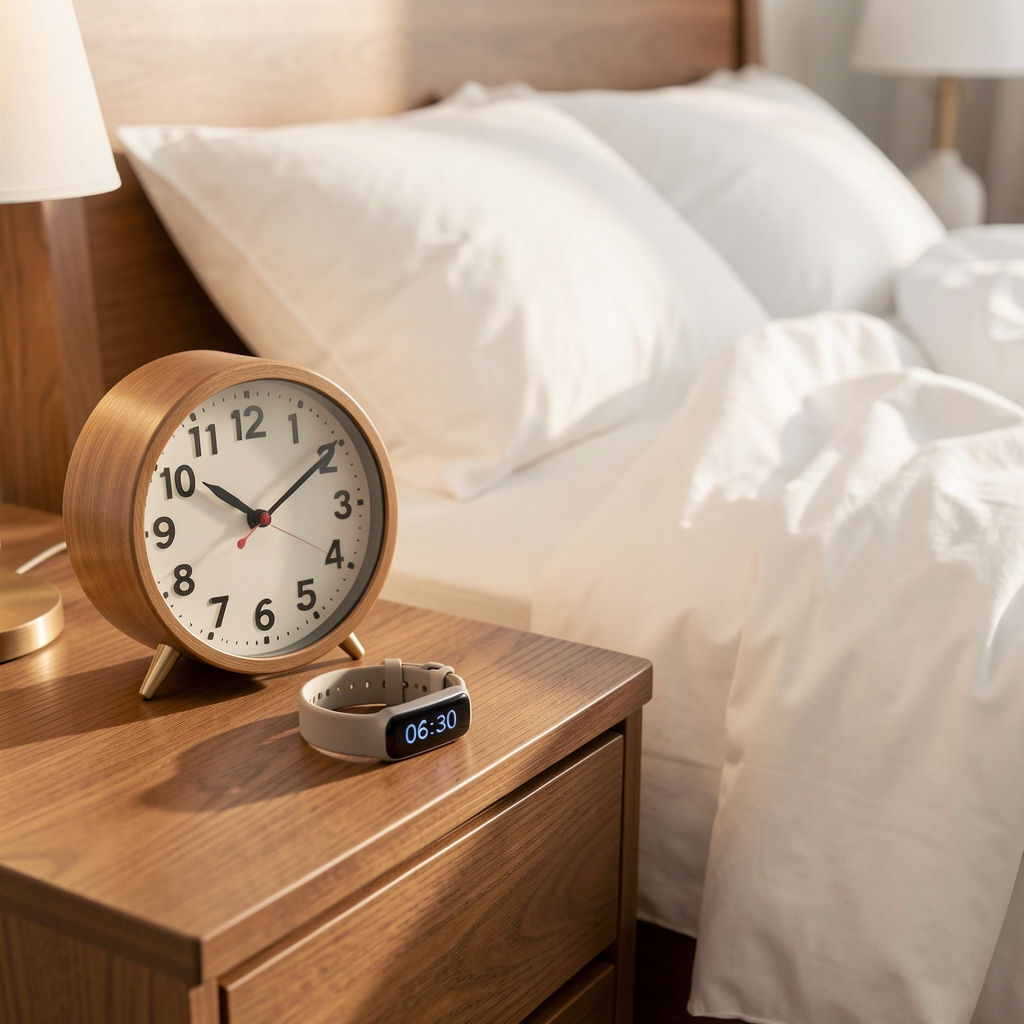 A sleep tracking wristband placed on a wooden bedside table next to an analogue clock showing 06:30, with soft morning light and rumpled white bed sheets visible in the background