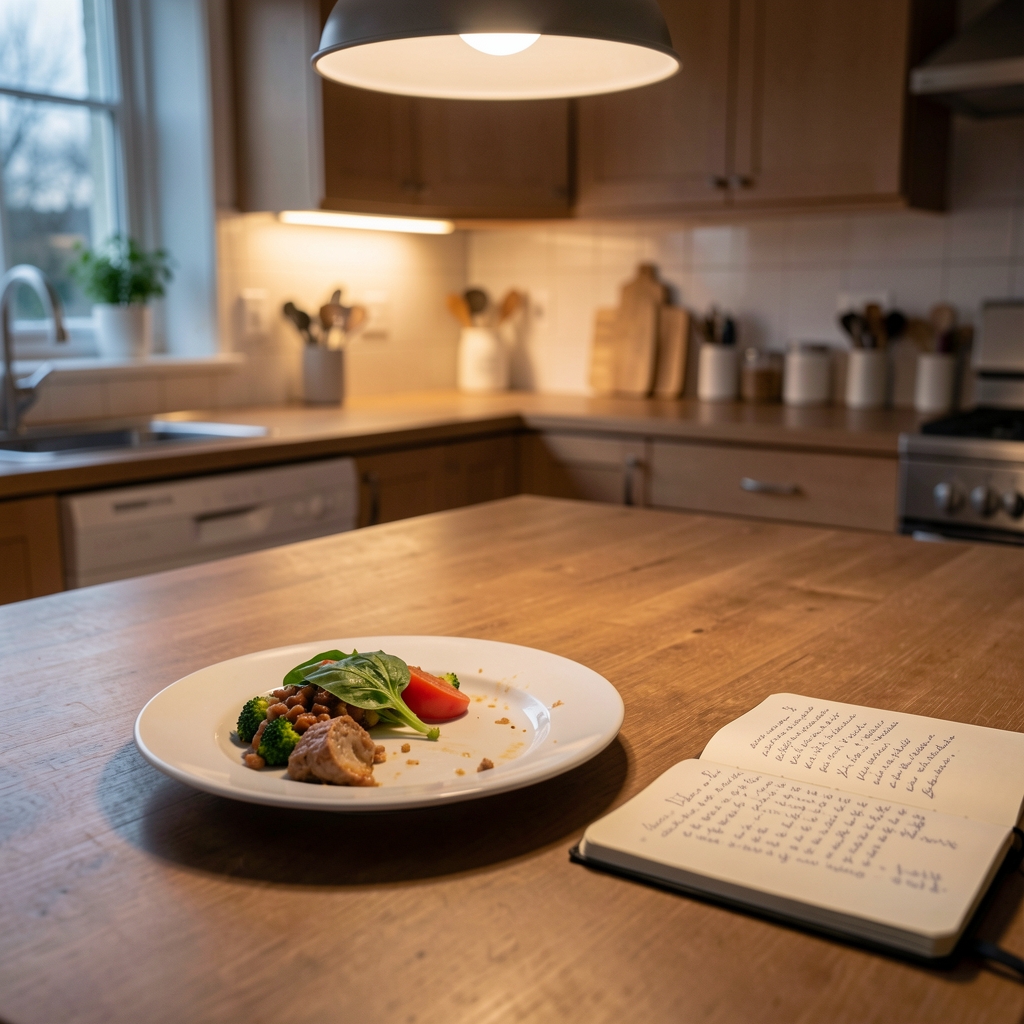 A kitchen table in the evening with a partially eaten dinner plate, soft warm overhead lighting, an open notebook with handwritten observations beside the plate