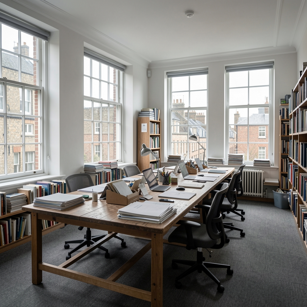 A spacious editorial office interior on an upper floor in London with large windows, long wooden worktables, research materials and books stacked along the walls, soft grey London daylight filling the room