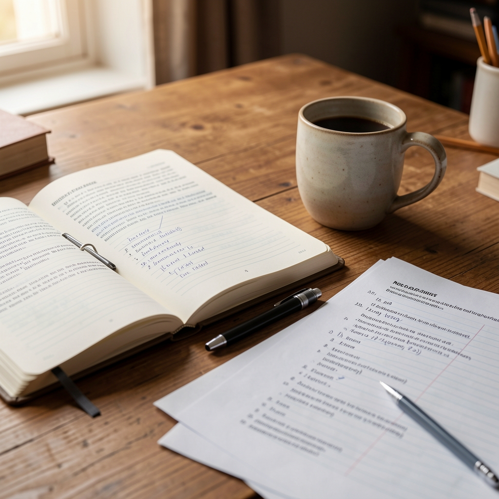 A close detail of a writing desk showing an open research journal, a mechanical pencil, a ceramic coffee cup and printed pages with margin annotations in a warm editorial workspace